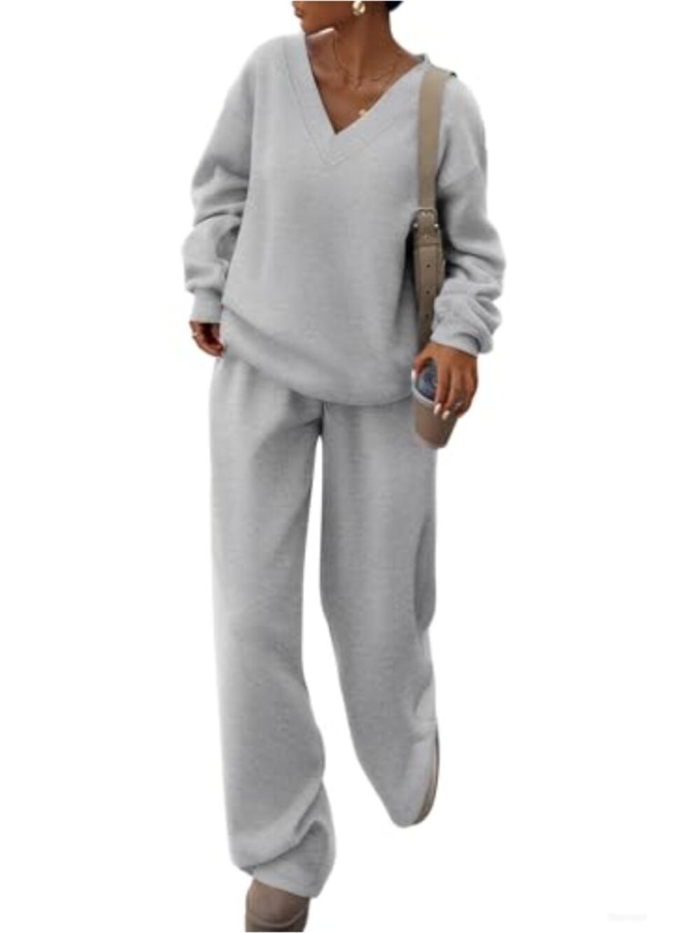 2 Piece Lounge Set V Neck Pullover Wide Leg Sweatpants Knit Tracksuit